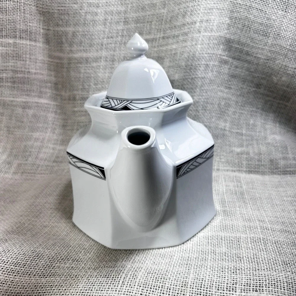 Studio Nova Synthesis Y0031 Teapot White Octagonal Art Deco Black Trim Porcelain